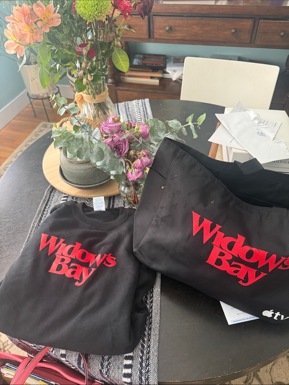 Widow’s Bay Medium Sweatshirt and tote bag